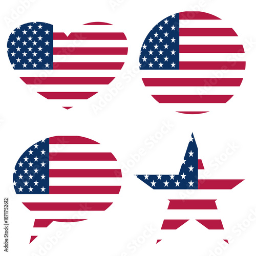 Four icons in heart, circle, speech bubble, and star shapes containing the United States of America flag pattern with stars and stripes, isolated on a white background.