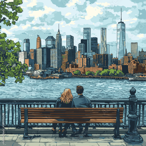 A vector illustration of a couple enjoying the cityscape view of New York City from a waterfront promenade , vector style simple color