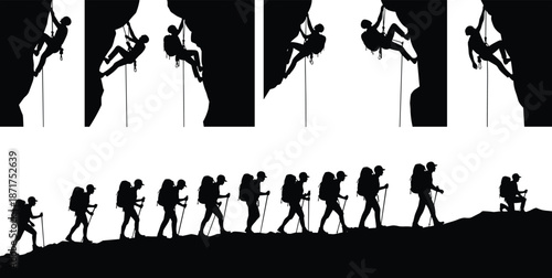 Set of black rock climbing silhouettes and hiking mountaineering icons, climbers on steep cliffs, hikers trekking with backpacks, outdoor adventure.