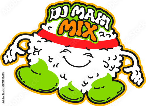 Japan restaurant maki sushi vintage Y2K sticker or label. Japanese cuisine meal Y2K tag, Japan seafood dish vector sticker. Sushi menu delicacy label with rice ball emoji character and wasabi sauce