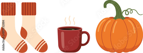 Set of cozy autumn lifestyle icons, warm wool socks, hot steaming coffee mug, orange pumpkin, flat vector illustration, fall season.