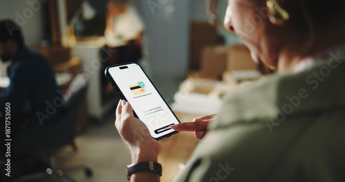 Картината върху платно Logistics, startup and hands with phone screen, order and payment approved for supplies or ecommerce