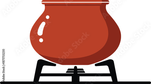 Traditional brown ceramic cooking pot on black gas stove burner, isolated clay cauldron vector icon, rustic kitchenware for home cooking.