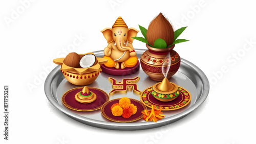 Hindu Religious Pooja Thali with Ganesha Idol, Swastika, and Offerings for Worship