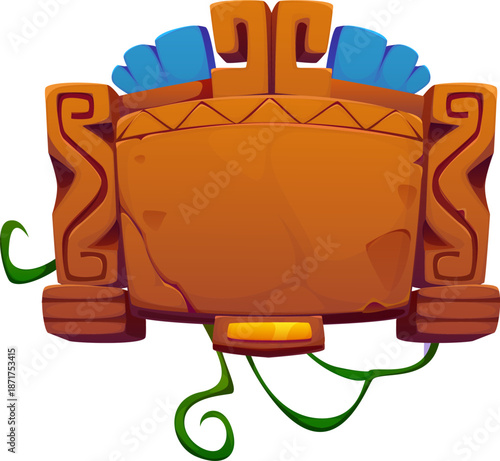 Aztec Inca Maya Mexican game rectangular vector frame board with thick carved columns, decorative motif patterns, blue stone decorations on top and curly jungle forest liana vines. Ancient rock emblem