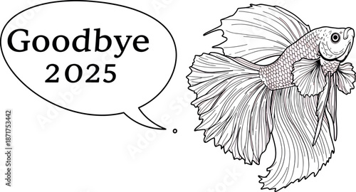 Elegant Betta Fish with Flowing Fins in Black and White Illustration for Artistic or Aquatic Theme