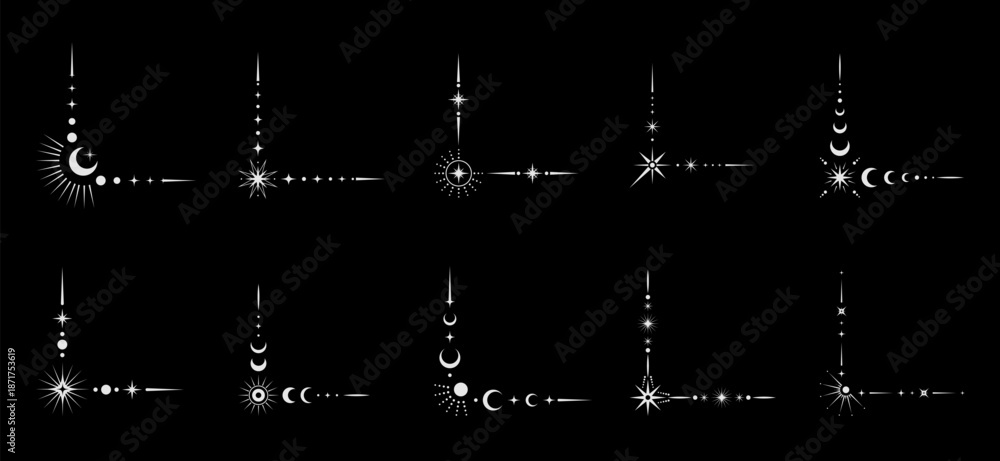 Naklejka premium Golden magic celestial border corners with moon, stars and sun vector line ornaments. Esoteric tarot card, fantasy horoscope frame and magic boho tattoo border corners set of golden space objects