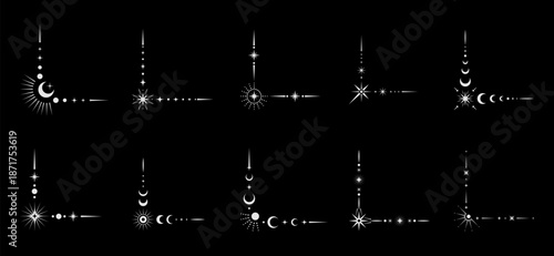 Golden magic celestial border corners with moon, stars and sun vector line ornaments. Esoteric tarot card, fantasy horoscope frame and magic boho tattoo border corners set of golden space objects
