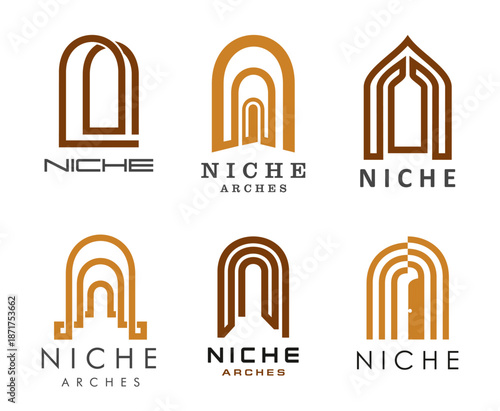Niche arch, window and door frame line icons, vector house interior or architecture. Home, castle, palace or church buildings niche arches isolated icons. Brown window, door and gate arched frames set