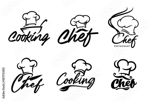 Chef and cook icons of bakery, restaurant, bistro or culinary school. Vector head chef hats, baker or cook toque caps isolated minimal symbols set with vintage mustaches, bowl, spoons and knife