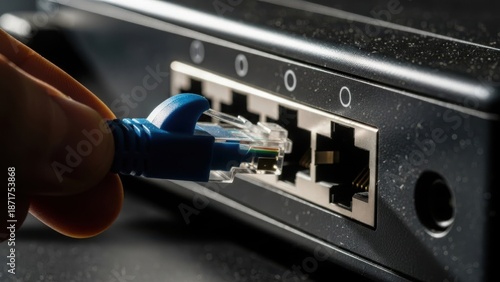 A hand is carefully inserting a blue ethernet cable connector into a black network device with multiple ports, establishing a stable internet connection for data transfer and online activities.