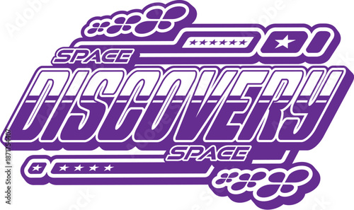 Space flight discovery and astronomy retro Y2K icon or badge. Space research vintage Y2K vector symbol, cosmos travel element. Galaxy discovery icon with retro purple and white color typography text