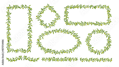 Olive branch frame border with plant leaves. Olive tree twig and leaves vector round, oval and rectangular frames, agriculture fruit corner. Mediterranean cuisine or vegetarian food berry border