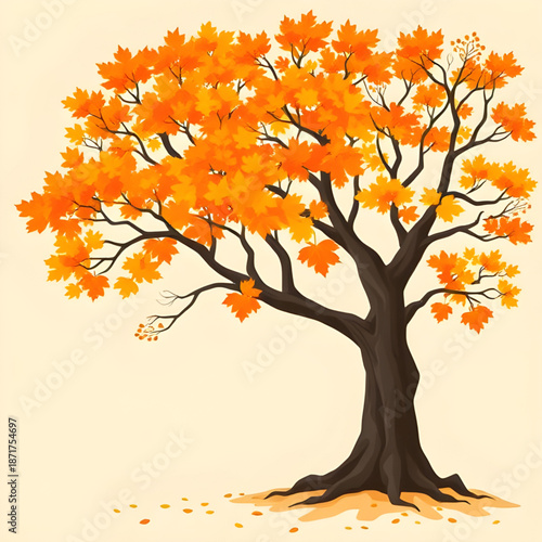 tree, autumn, fall, leaves, foliage, vector, illustration, nature, seasonal, landscape, forest, park, outdoor, colorful, orange, yellow, red, brown, leaf, deciduous, plant, botanical, woodland, countr