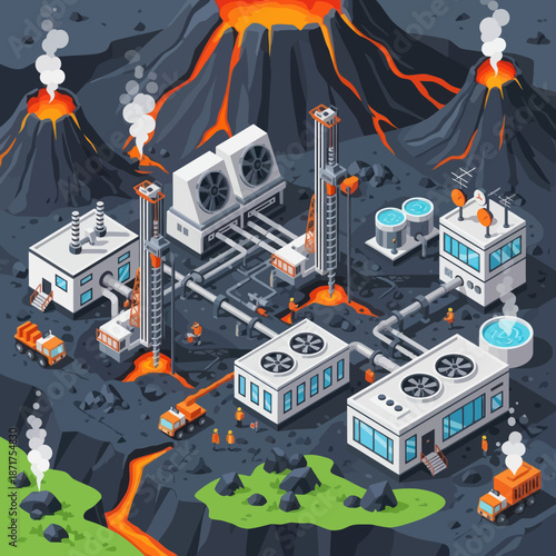 Geothermal Power Plant Isometric Illustration.