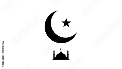 Islamic crescent moon and star symbol with mosque silhouette on white background for ramadan or eid celebrations with Islamic symbol and Muslim