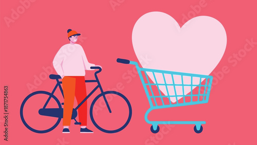 A person standing next to a bicycle with a shopping cart featuring a large heart symbol