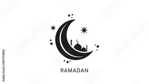 Ramadan crescent moon with mosque silhouette and stars on white background with Islamic and religion and faith and spirituality and icon and symbol