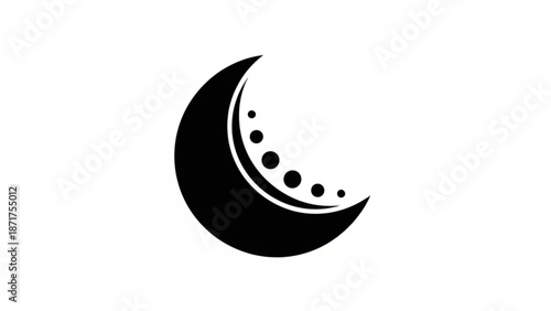 Black crescent moon symbol with craters on white background for design and decoration with icon and graphic and illustration and space and astronomy