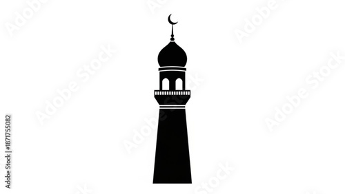 A black silhouette of a minaret with a crescent moon on top against a white background with Islamic architecture and religious and tower and faith