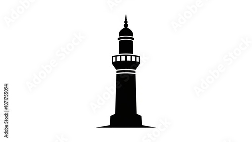 A black silhouette of a tall tower with a dome and spire on top standing alone on a white background with architecture and building and icon