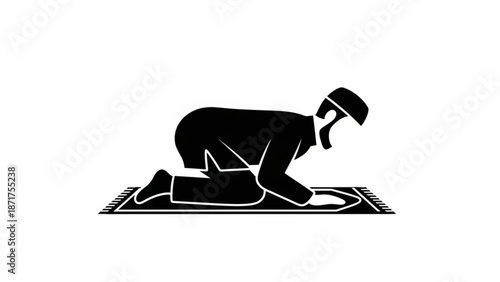 Man in prayer on a mat in a kneeling position with hands on the ground in a simple black and white illustration with islamic and muslim and religion