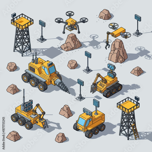 Yellow Construction Vehicles and Drone Equipment.