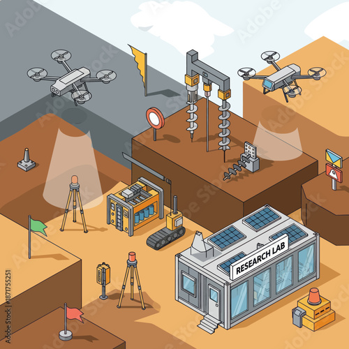 Futuristic Research Lab with Drones and Equipment.