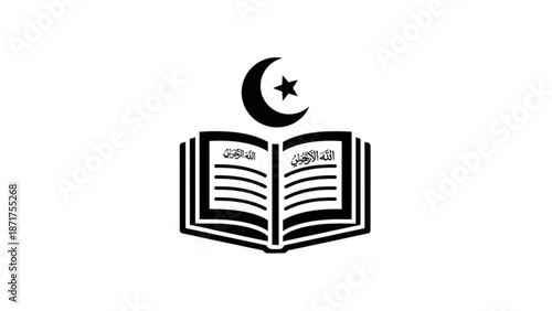 Islamic symbol with crescent moon star and open book on white background with muslim and religion and faith and spirituality and arabic script