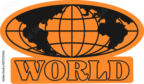 World orange and black globe Y2K groovy sticker or patch. Y2K vector wireframe globe patch, planet globus sticker. World mesh sphere label with black globe and typography on orange background