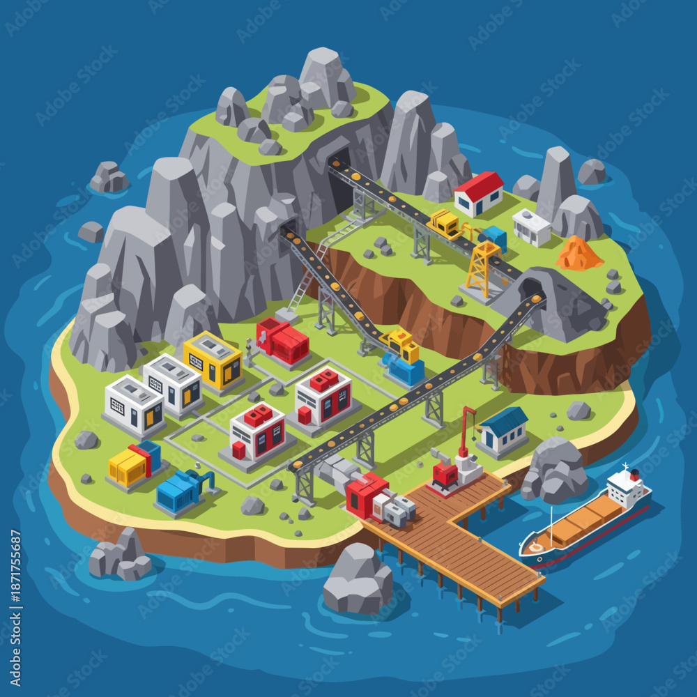 Obraz premium Isometric Illustration of Industrial Island Facility.