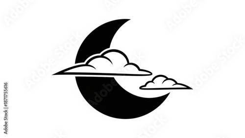 Black and white minimalist crescent moon with stylized clouds floating in the night sky with moon phase and graphic and icon and symbol and lunar