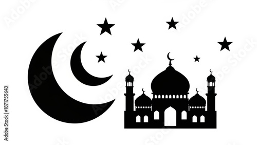 A serene black silhouette of a mosque under a crescent moon and stars on a white background symbolizing islamic architecture and ramadan celebration
