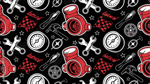 Vibrant racing tools pattern with turbochargers and checkered flags on black