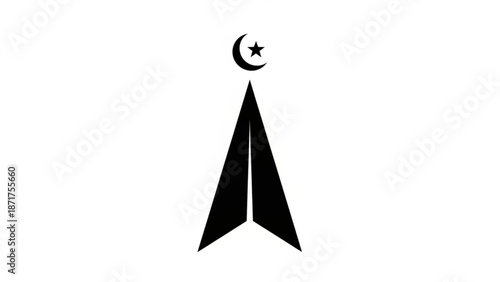 A black and white illustration of a crescent moon and star above a triangular shape on a white background with star symbol and graphic design