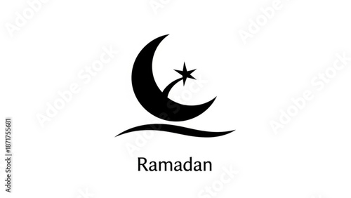A black crescent moon with a star on a wavy line symbolizing ramadan on a white background with Islamic symbol and religious icon and faith and spirituality