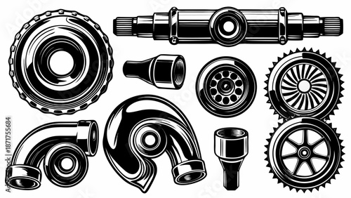 Industrial mechanical parts and tools in black and white