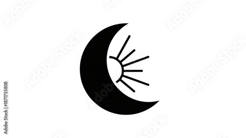 Simple black and white illustration of a crescent moon with sun rays shining through on a white background with minimalist and simple design