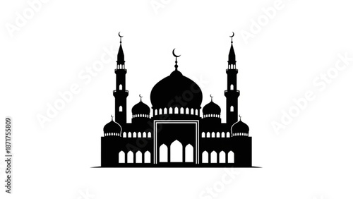 Black silhouette of mosque with domes and minarets on white background islamic architecture illustration with mosque silhouette and black and white