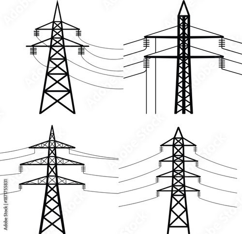 Electric transmission towers, power lines, energy grid, industrial, infrastructure, engineering, silhouette, network