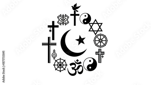 Diverse religious symbols arranged in a circle on white background representing various faiths and spirituality concepts with faith symbols and diversity