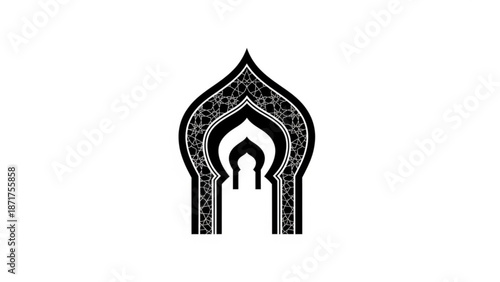 Intricate black and white islamic archway design with geometric patterns and pointed top for cultural and religious themes with illustration