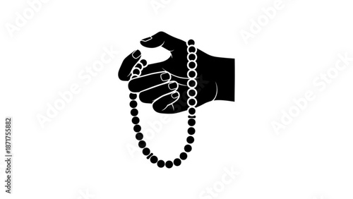 Black silhouette of a hand holding prayer beads on a white background for meditation and reflection with relaxation and calm and serenity and mindfulness