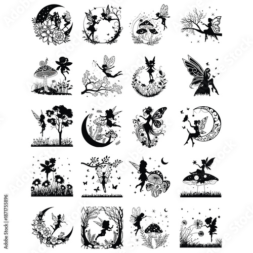 Fairy silhouette collection, fantasy fairy illustrations, magical woodland fairies, fairy tale clipart, enchanted nature designs, mystical fairy art