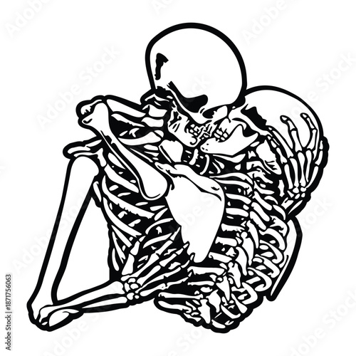 Skeleton love illustration, gothic romantic skeleton couple hugging heart shaped ribs anatomy art black white line drawing tattoo design concept