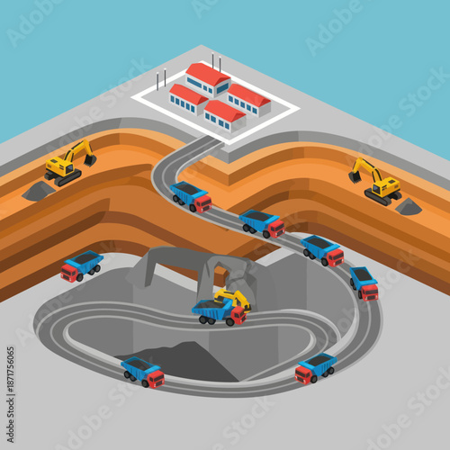 Construction Site with Excavators and Dump Trucks.