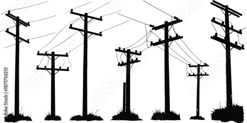 Utility poles silhouette, electric wires, rural infrastructure, crossarm configuration, insulators, transmission system, vegetation, outdoor engineering, communication lines, energy support