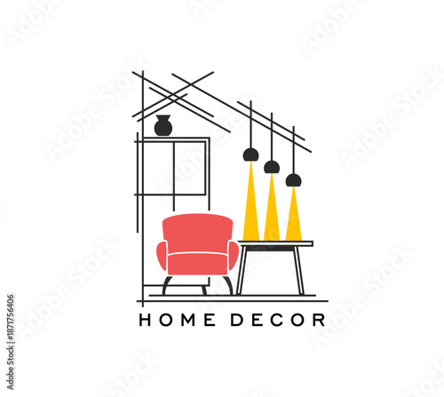 Home interior Home room decor icon or symbol. House living room room design brand vector emblem, interior decor store icon. Apartment furniture shop symbol with red armchair, lamps, table and drawer
