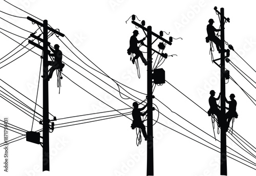 Electrical linemen working on power poles with high voltage wires, black silhouette vector illustration, maintenance and energy transmission concept