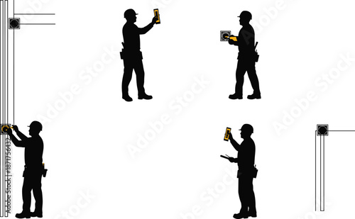 Electrical testing illustration, construction worker, multimeter use, outlet inspection, safety helmet, circuit measurement, repair process, industrial training, building renovation, workshop skills